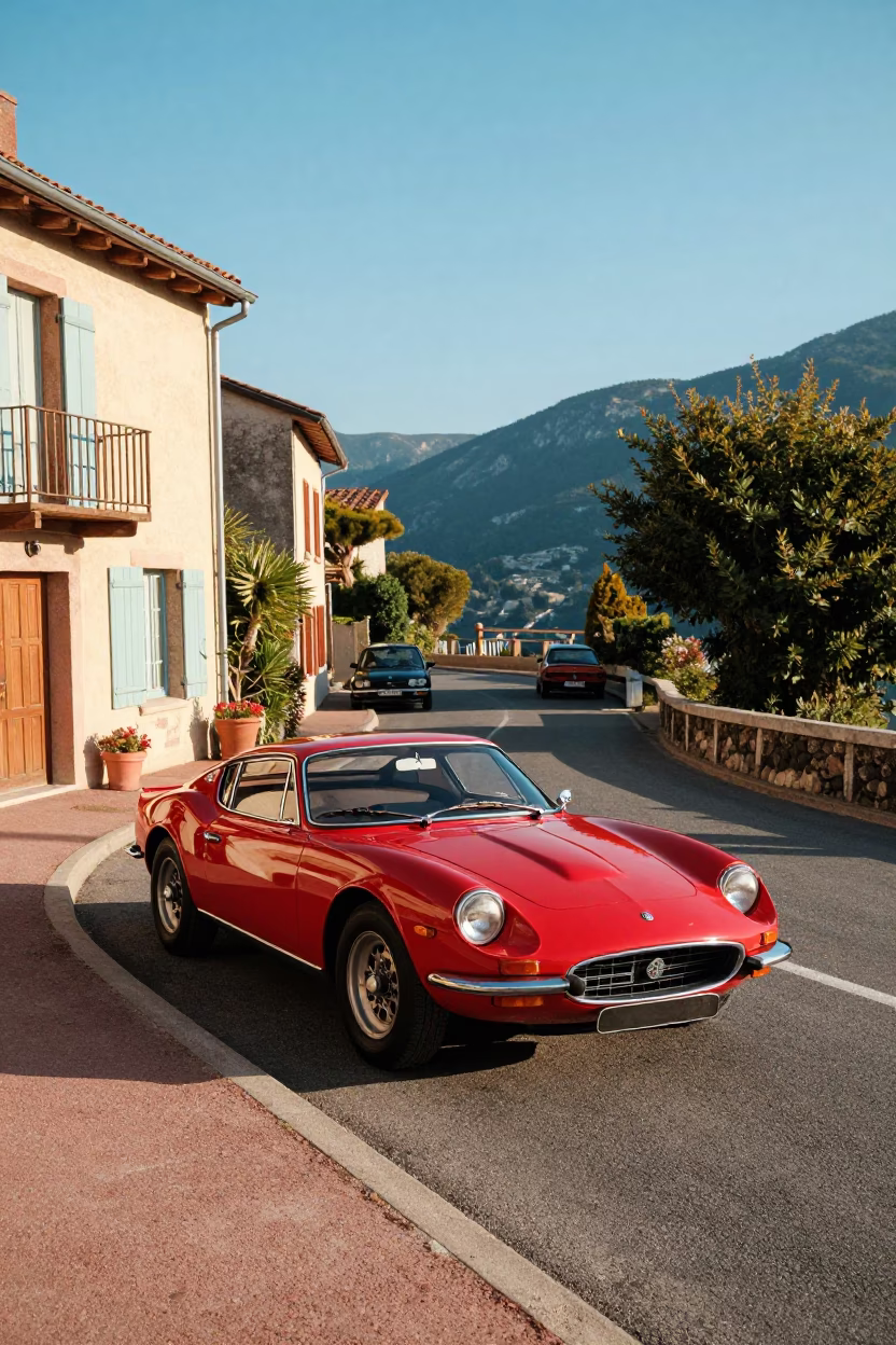 Colorful 1960s Nice France Street Scene with Vintage Red Sports Car on Mountain Road in in Nice, France