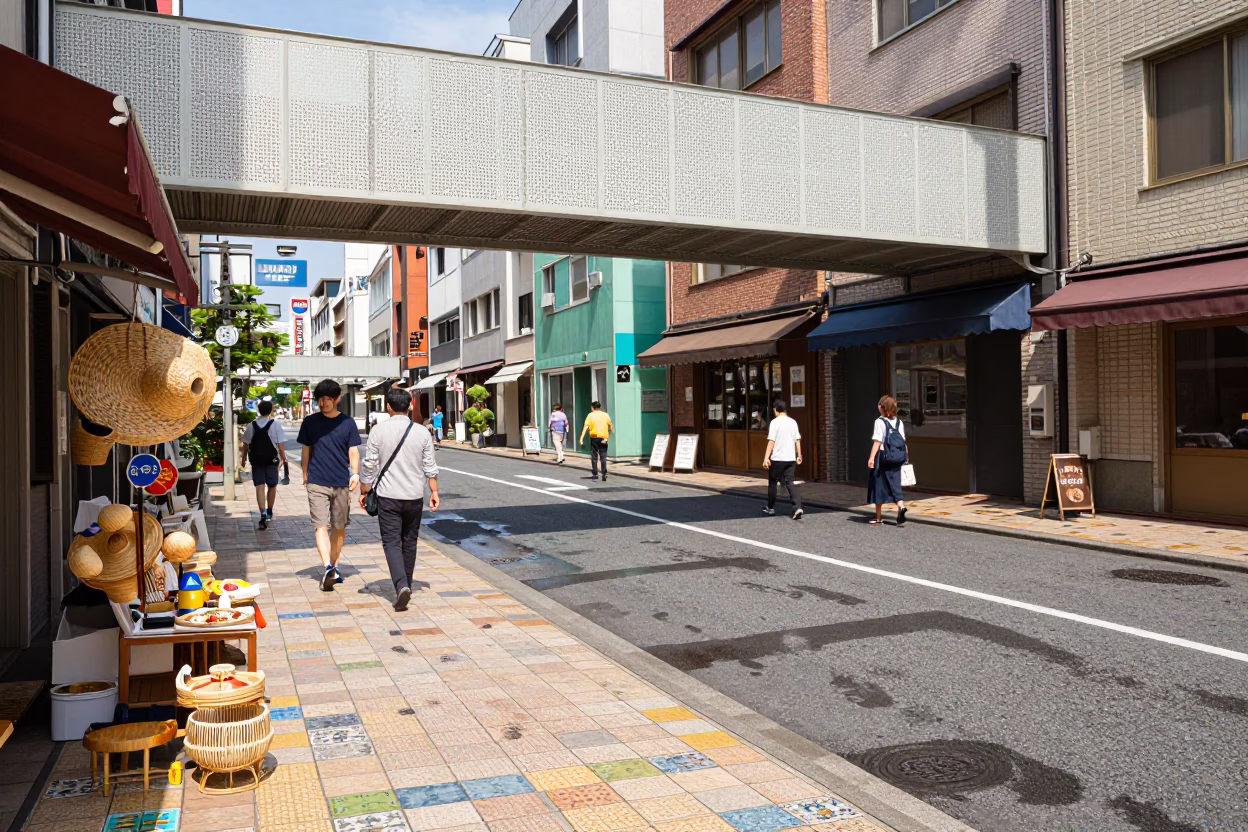 Colorful 1960s Osaka Street Scene with Ceramic Tiles and Woven Bread Basket in in Osaka, Japan