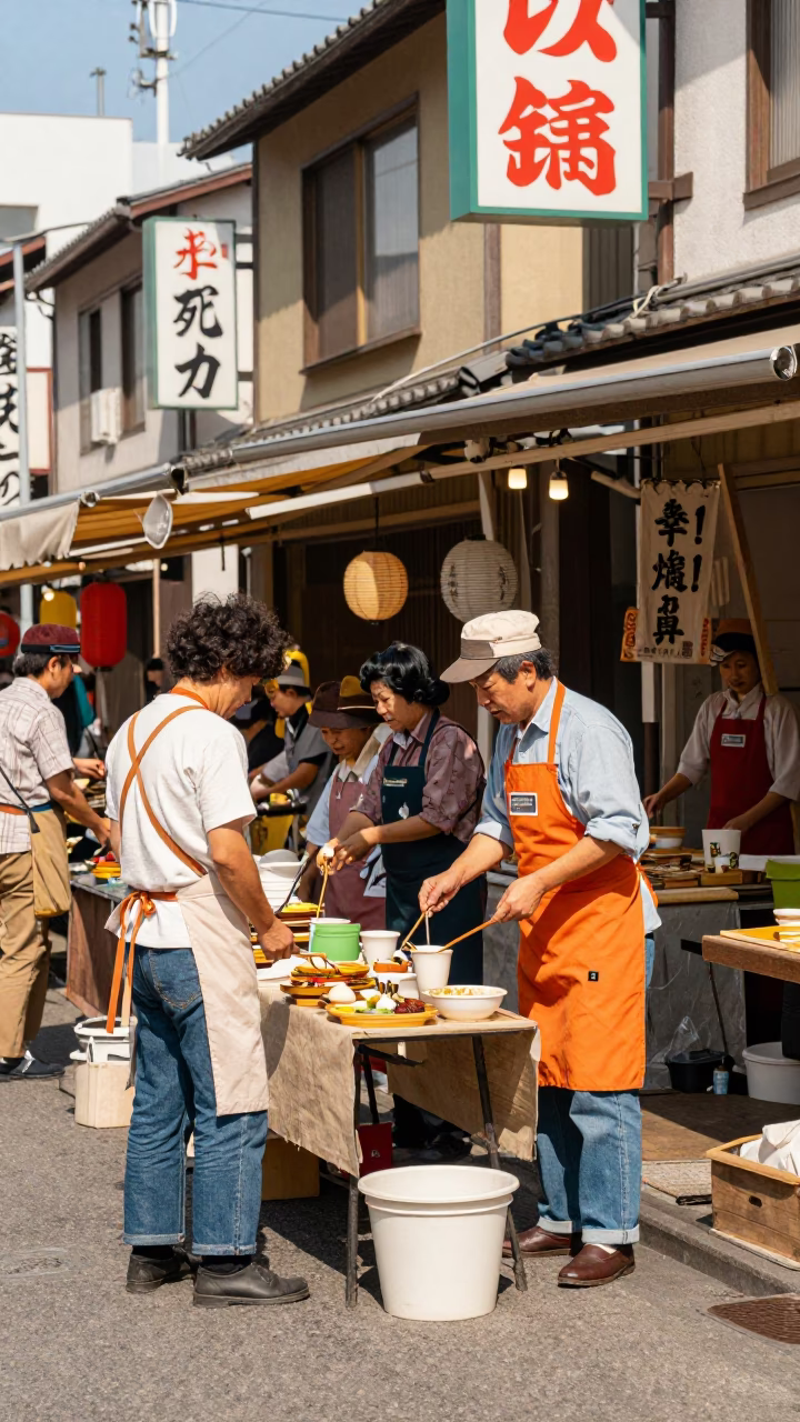 Colorful 1960s Osaka Street Scene with Traditional Aprons and Local Commerce Under Noon Sun in in Osaka, Japan