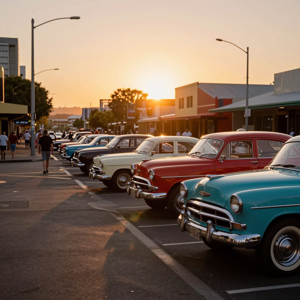Colorful 1960s Perth Street Scene with Vintage Cars and Sunset Lighting in in Perth, Western Australia, Australia