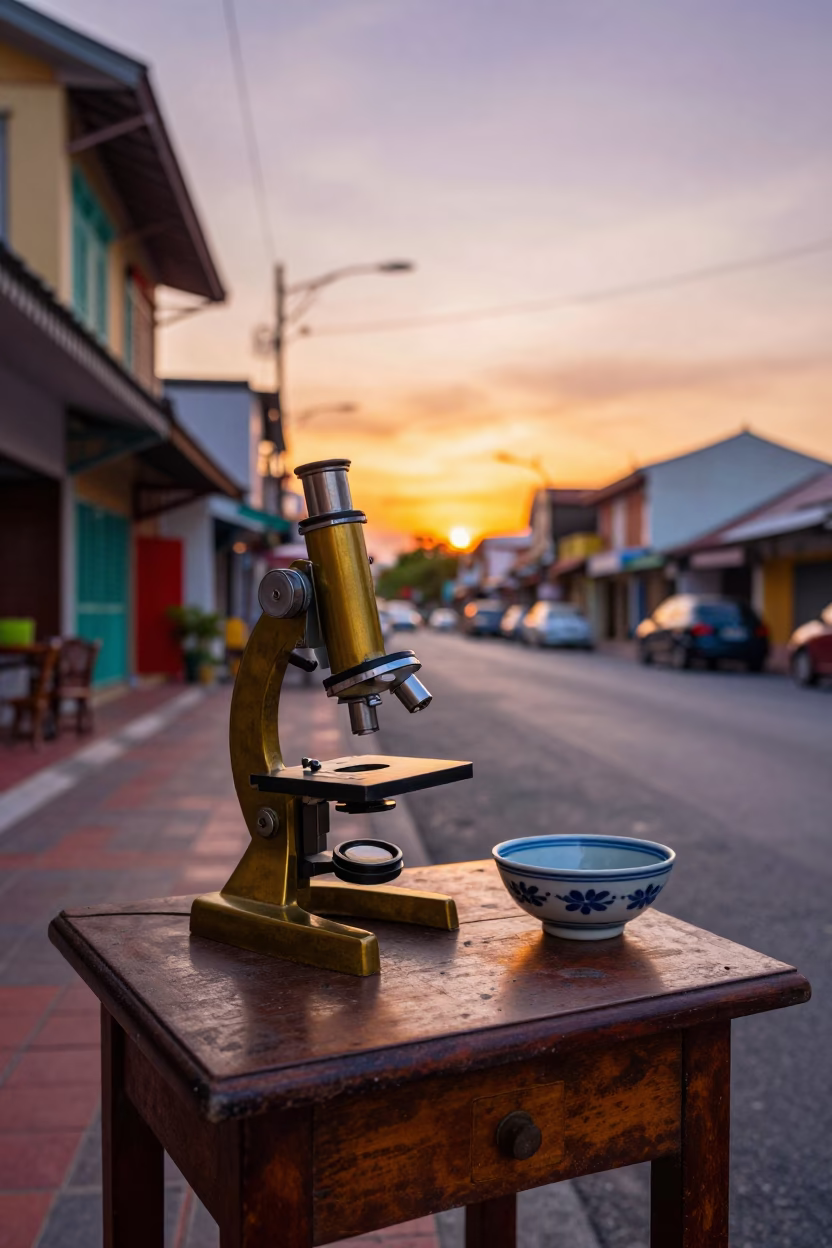 Colorful 1960s Phuket Sunset Street Scene with Antique Microscope and Kheer Sagar Bowl in in Phuket, Thailand