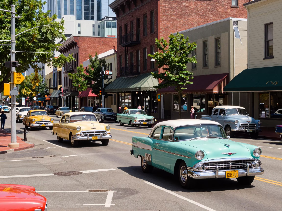 Colorful 1960s Portland Oregon Street Scene with Vintage Cars and Pedestrians in in Portland, Oregon, United States