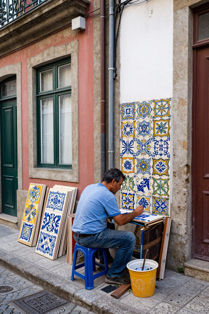 Colorful 1960s Porto Street Scene with Tile Maker Painting Ceramic Patterns in in Porto, Portugal