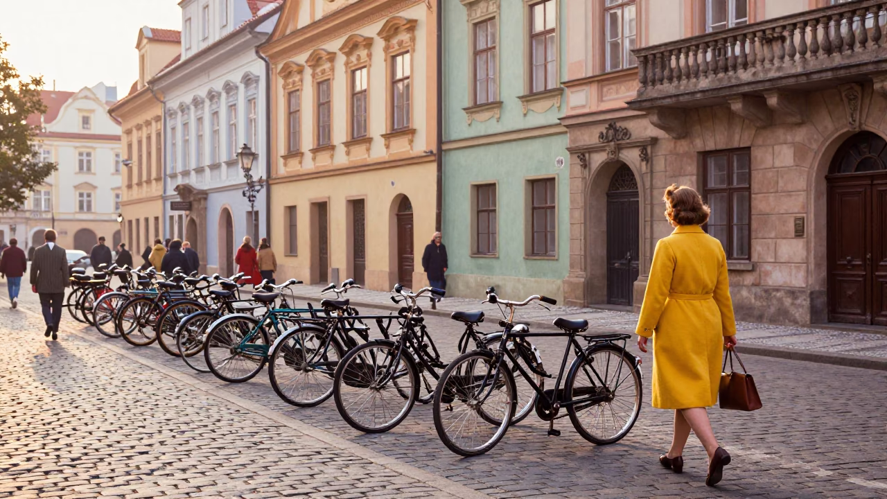 Colorful 1960s Prague Street Scene with Vintage Bicycles and Work Gloves in in Prague, Czech Republic