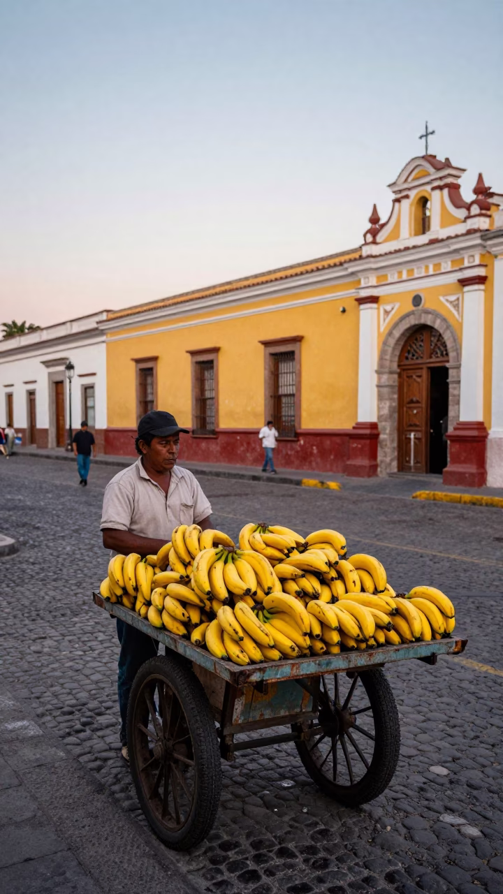 Colorful 1960s Quito Street Scene with Bananas and Vintage Details at Dawn in in Quito, Ecuador
