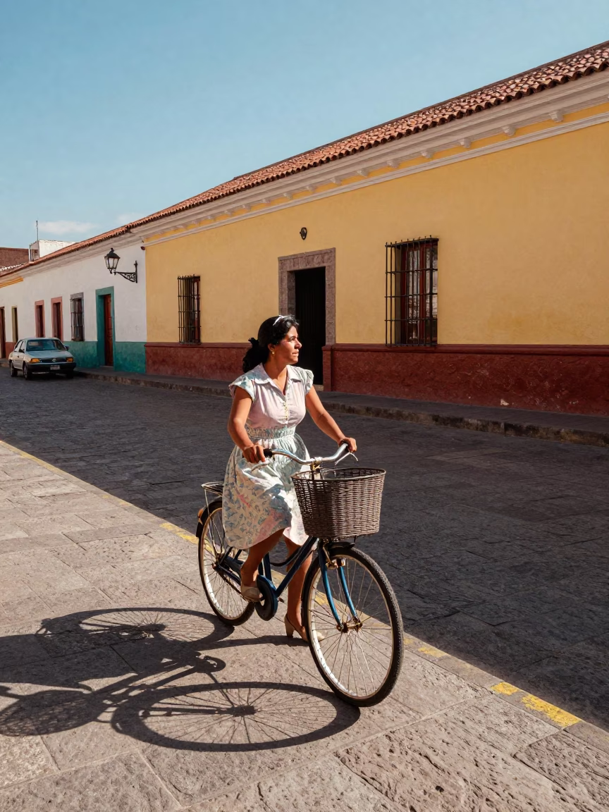 Colorful 1960s Quito Street Scene with Bicycle Basket and White Anemone in in Quito, Ecuador