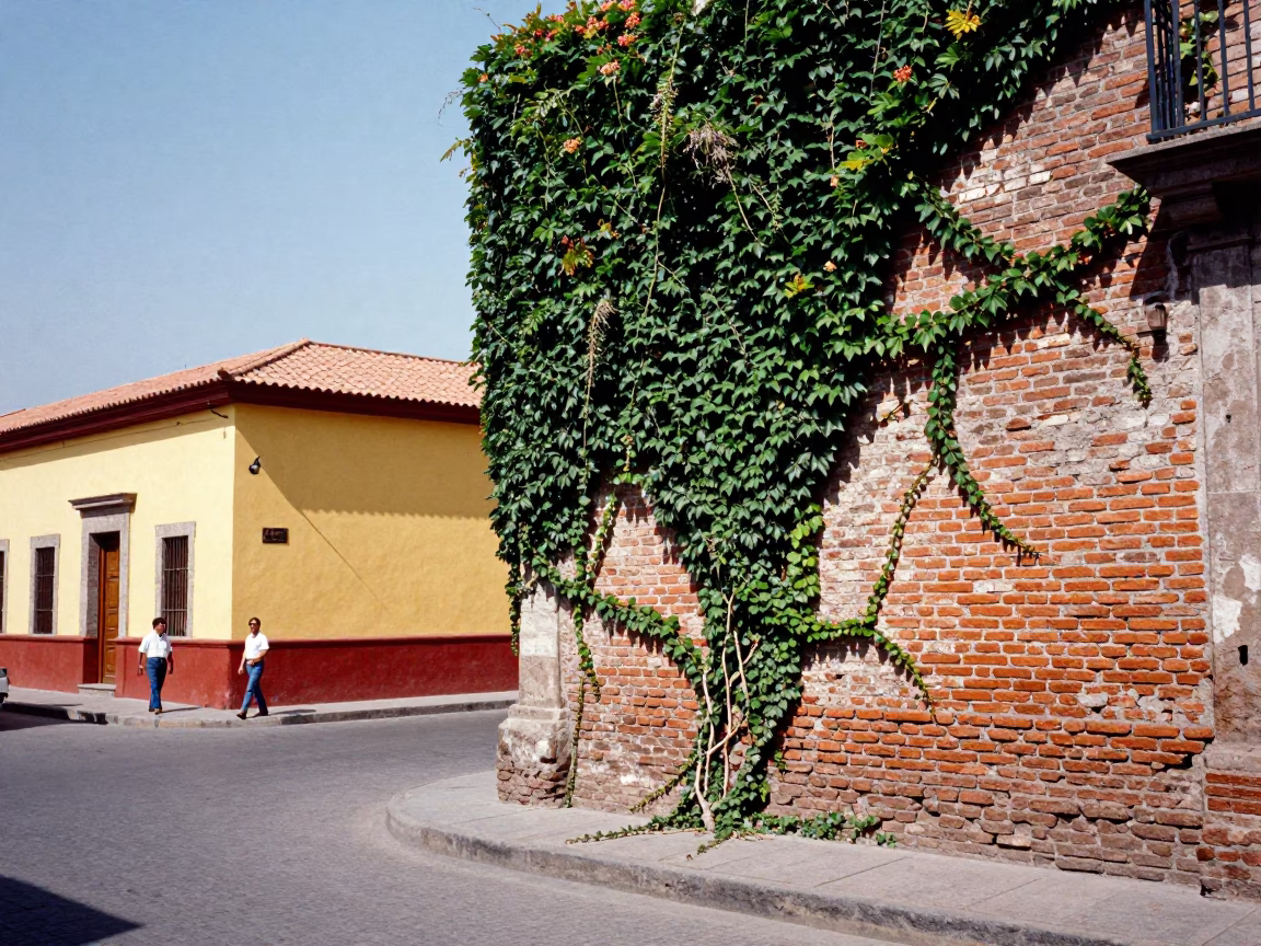 Colorful 1960s Quito Street Scene with Ivy Brick Wall and Vivid Daily Life in in Quito, Ecuador
