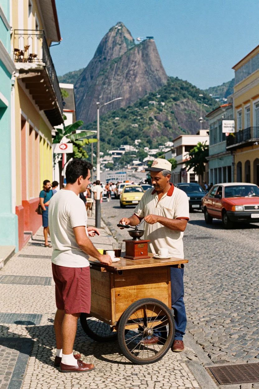 Colorful 1960s Rio Street Scene with Vintage Coffee Grinder and Ivy in in Rio de Janeiro, Brazil