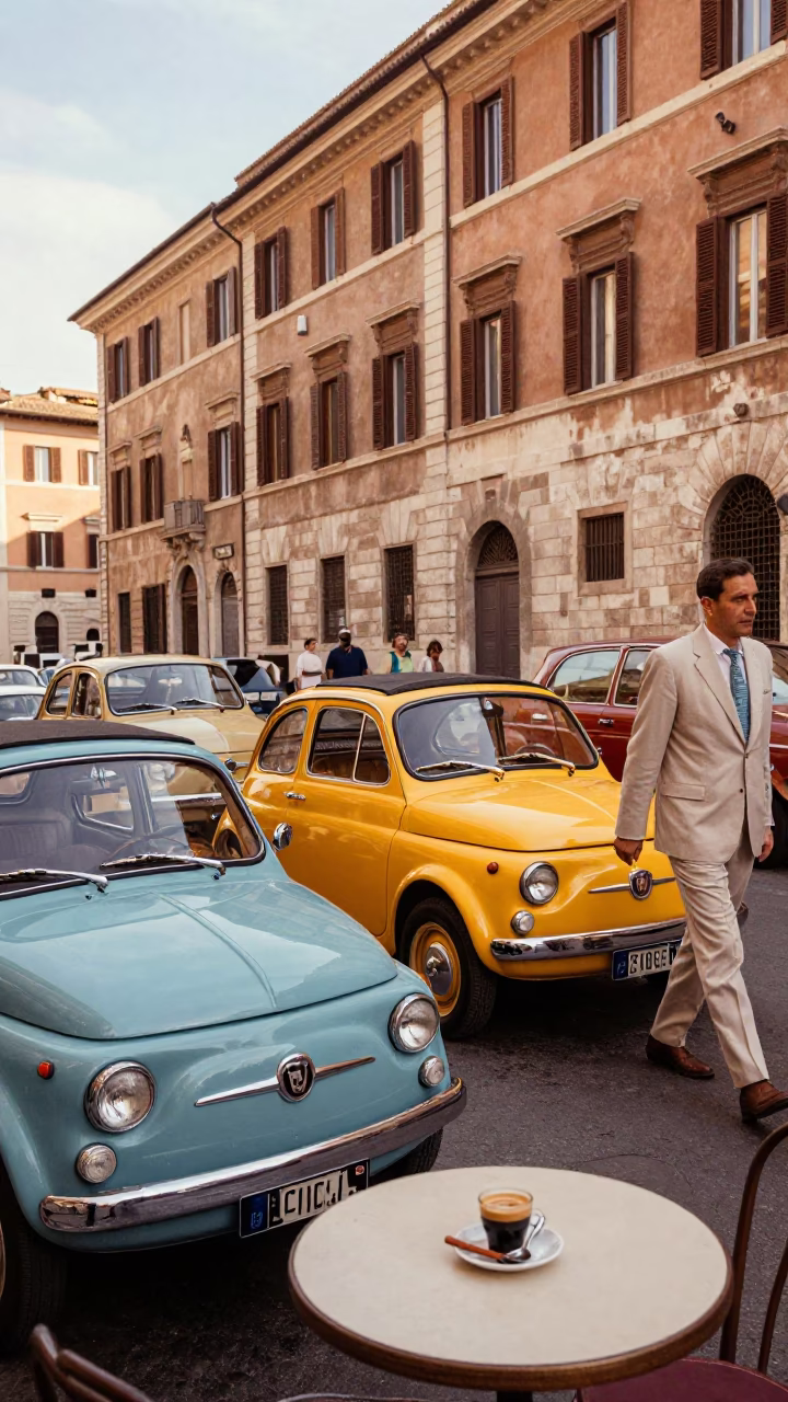 Colorful 1960s Rome Street Scene with Classic Cars and Historic Architecture in in Rome, Italy