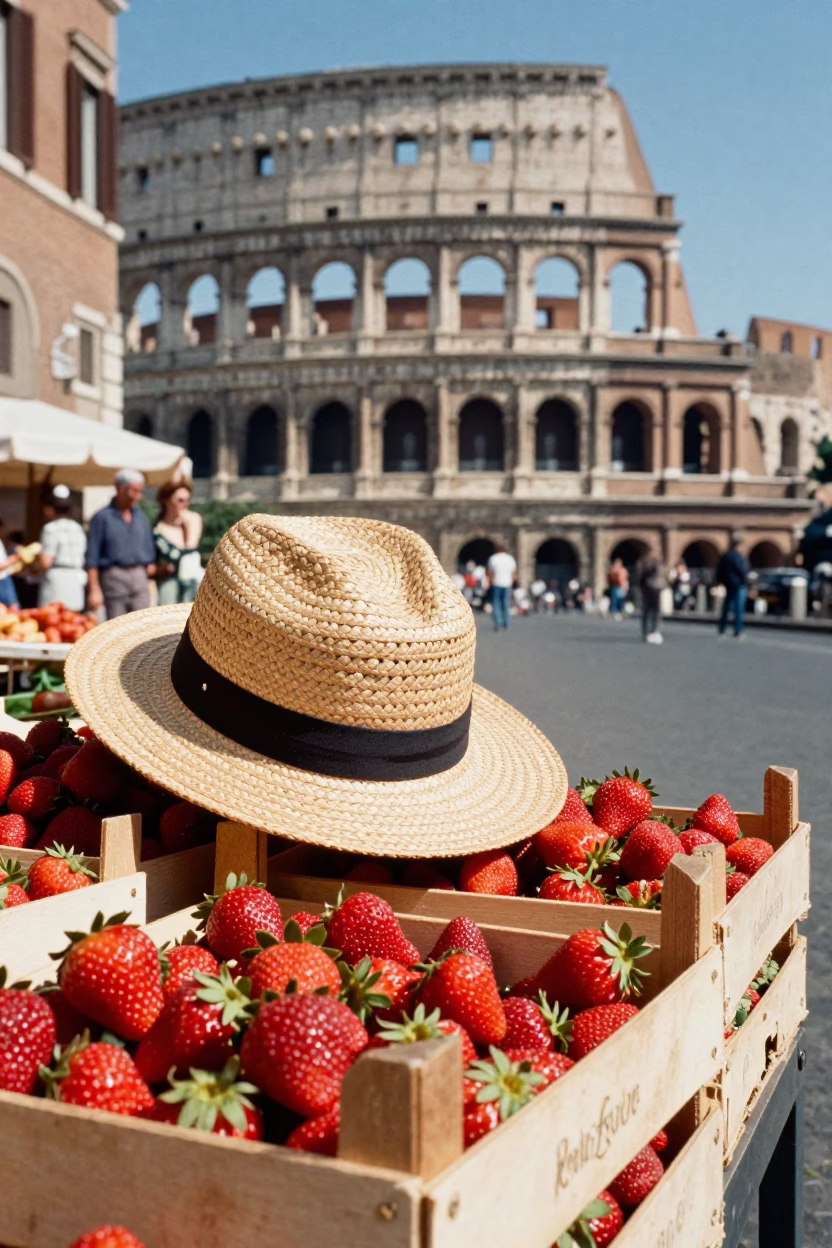 Colorful 1960s Rome Street Scene with Straw Hat and Thermos Under Noon Sun in in Rome, Italy