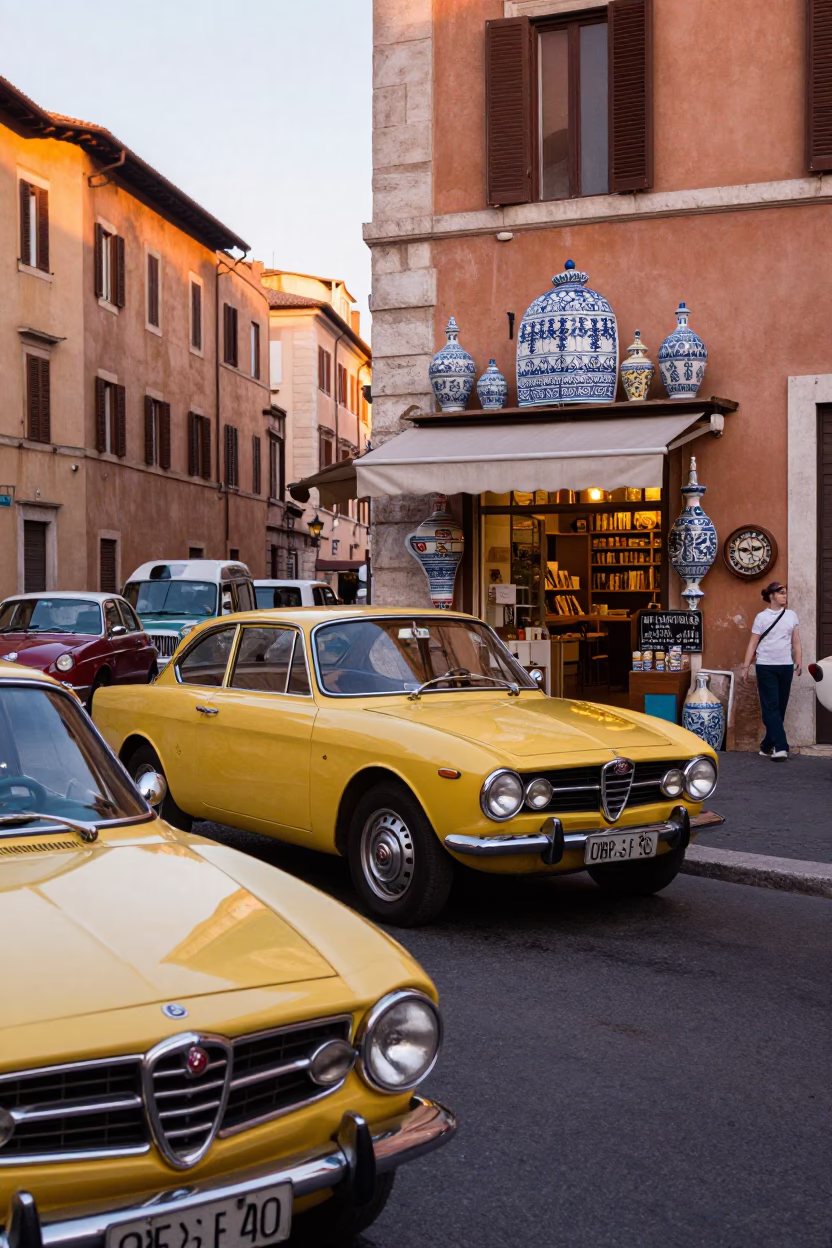 Colorful 1960s Rome Street Scene with Vintage Cars and Ceramic Cheese Dome in in Rome, Italy