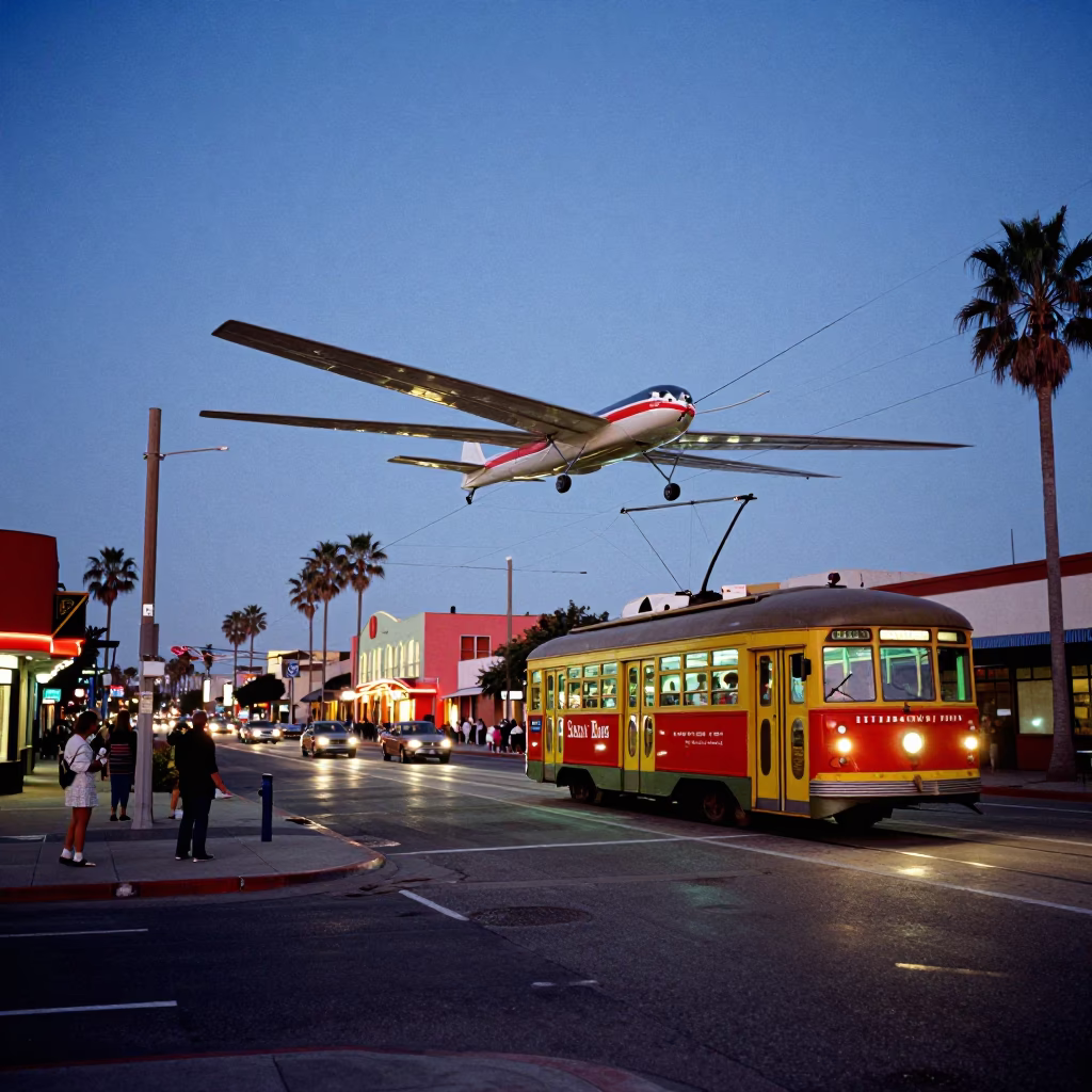 Colorful 1960s San Diego Street Scene with Glider and Tram at Twilight in in San Diego, California, United States