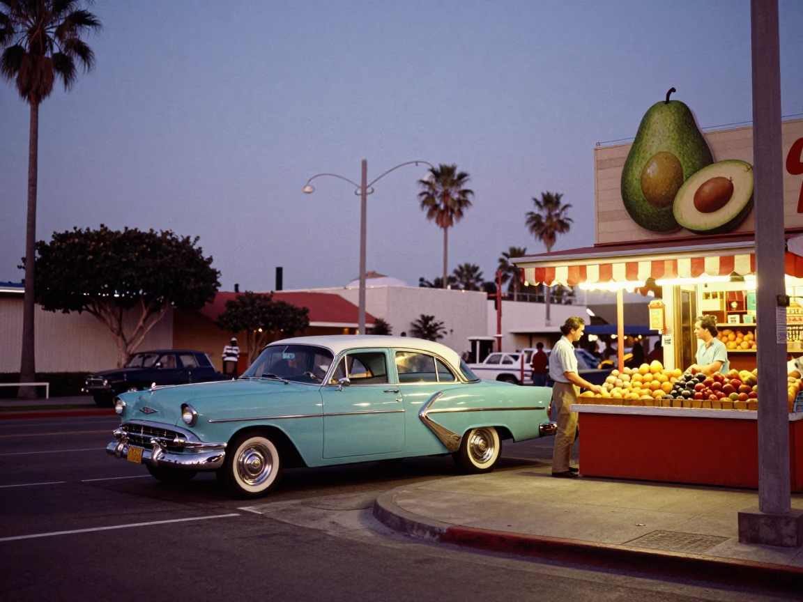 Colorful 1960s San Diego Twilight Street Scene with Avocados and Vintage Car in in San Diego, California, United States