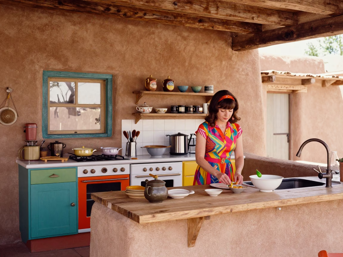 Colorful 1960s Santa Fe Kitchen Counter with Adobe Architecture View in in Santa Fe, New Mexico, United States