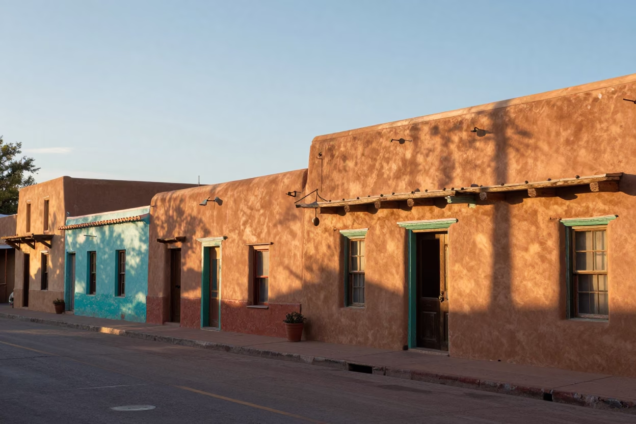 Colorful 1960s Santa Fe Street Scene with Adobe Architecture and Vintage Cars in in Santa Fe, New Mexico, United States