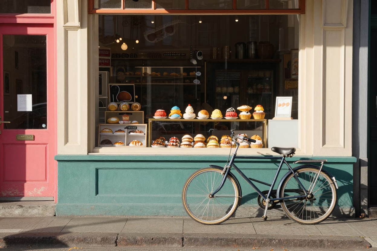 Colorful 1960s Seattle Street Scene with Bicycle and Bakery Window Display in in Seattle, Washington, United States