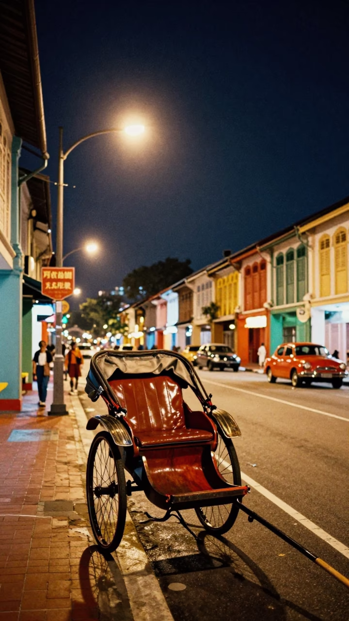 Colorful 1960s Singapore Night Street Scene with Traditional Rickshaw and Pickle Jars in in Singapore, Singapore