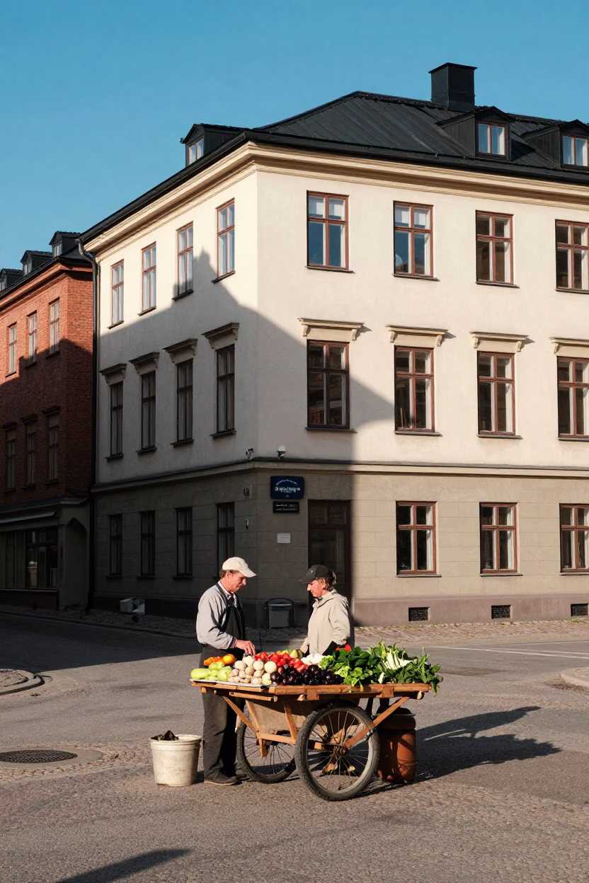 Colorful 1960s Stockholm Street Scene with Blue and White Porcelain Bowl in in Stockholm, Sweden