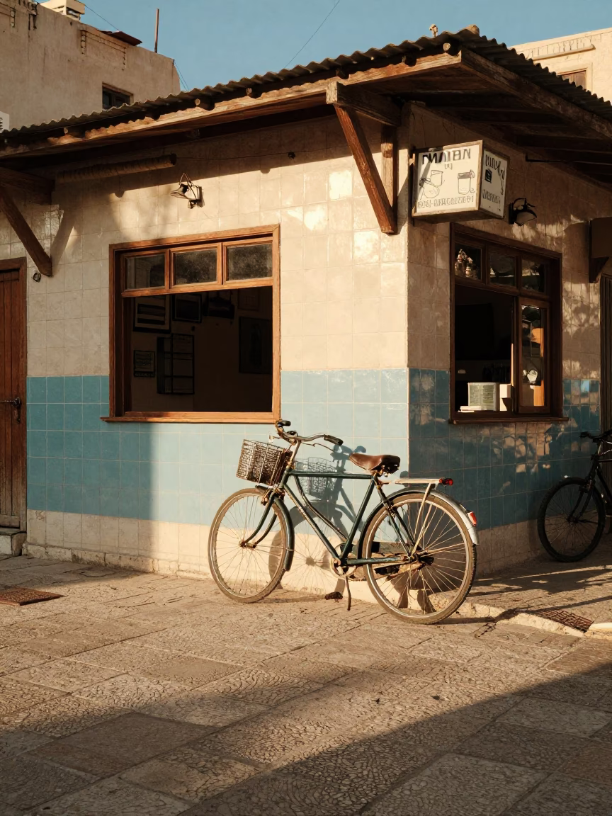 Colorful 1960s Street Scene in Amman Jordan Late Afternoon Light Bicycle and Cafe in in Amman, Jordan