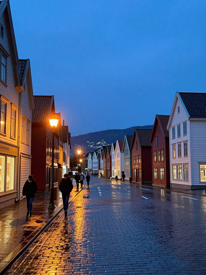 Colorful 1960s Street Scene in Bergen Norway at Indigo Twilight in in Bergen, Norway