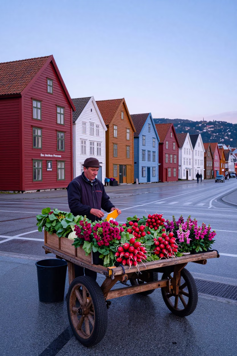 Colorful 1960s Street Scene in Bergen Norway Before Sunrise in in Bergen, Norway