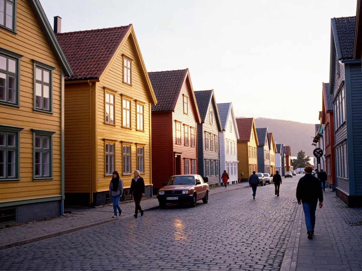 Colorful 1960s Street Scene in Bergen Norway Morning Light in in Bergen, Norway