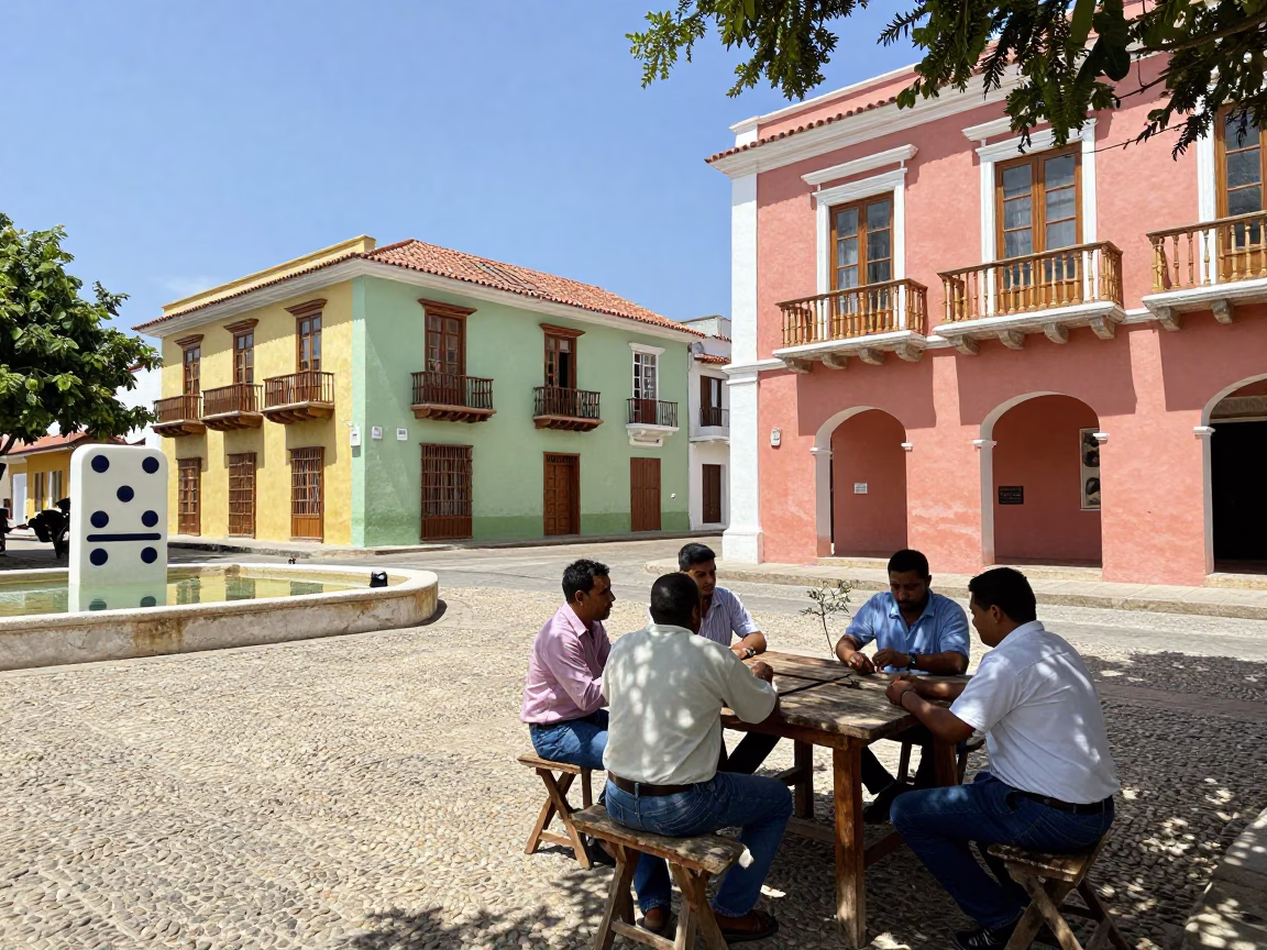 Colorful 1960s Street Scene in Cartagena Colombia with Dominoes and Colonial Architecture in in Cartagena, Colombia