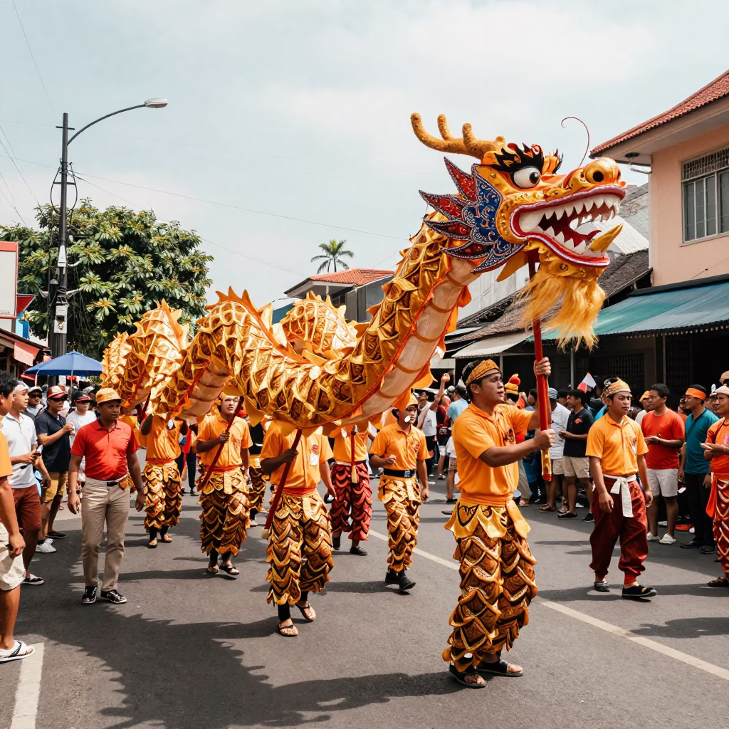 Colorful 1960s Street Scene in Denpasar Indonesia with Dragon Dance Festival in in Denpasar, Indonesia