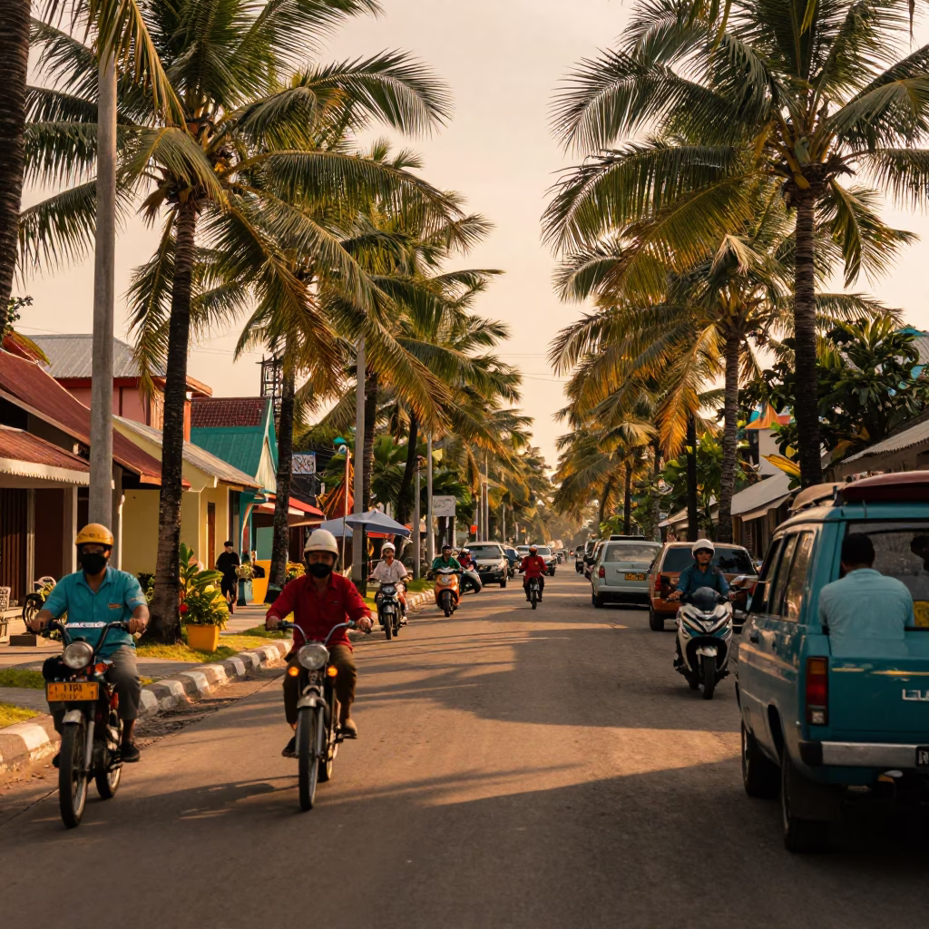 Colorful 1960s Street Scene in Denpasar Indonesia with Palm Tree Avenue in in Denpasar, Indonesia