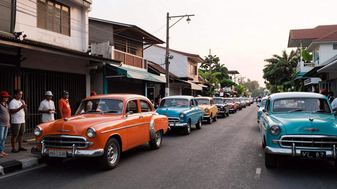 Colorful 1960s Street Scene in Denpasar Indonesia with Vintage Car Rally and Bergamasco Sheepdog in in Denpasar, Indonesia
