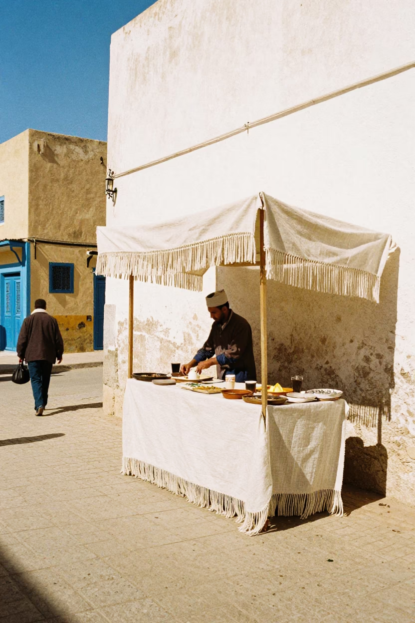 Colorful 1960s Street Scene in Essaouira Morocco with Linen Fringe and Local Market Activity in in Essaouira, Morocco