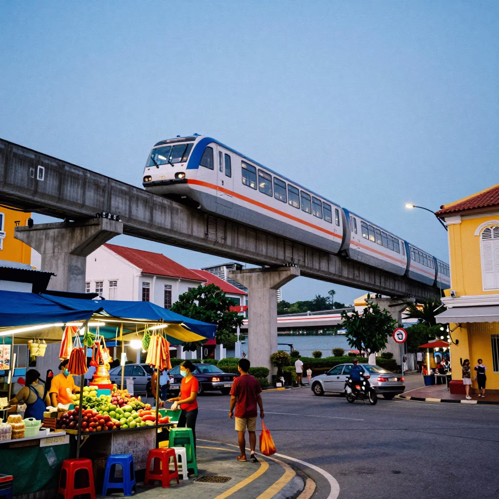 Colorful 1960s Street Scene in George Town Malaysia with Monorail and River in in George Town, Malaysia