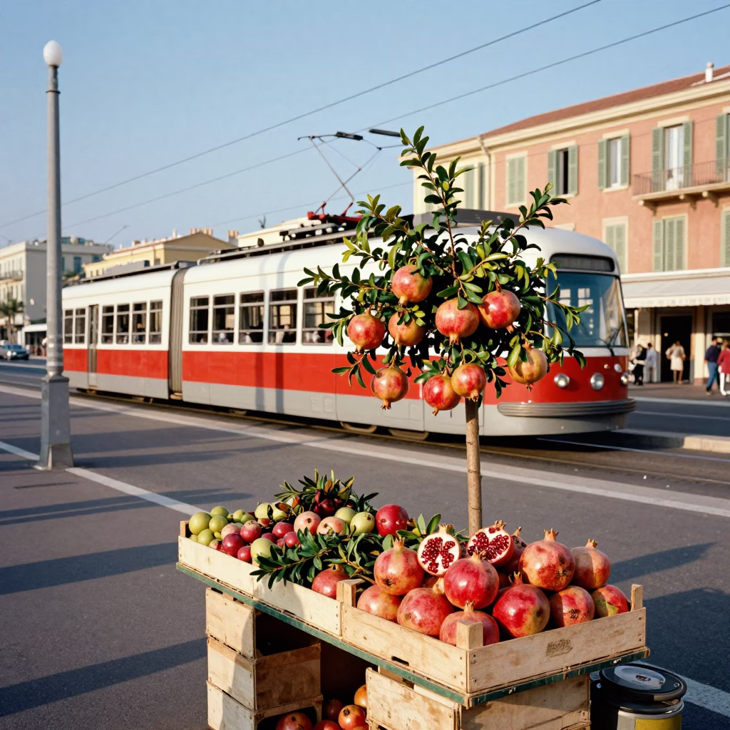 Colorful 1960s Street Scene in Nice France with Monorail and Pomegranate Tree in in Nice, France