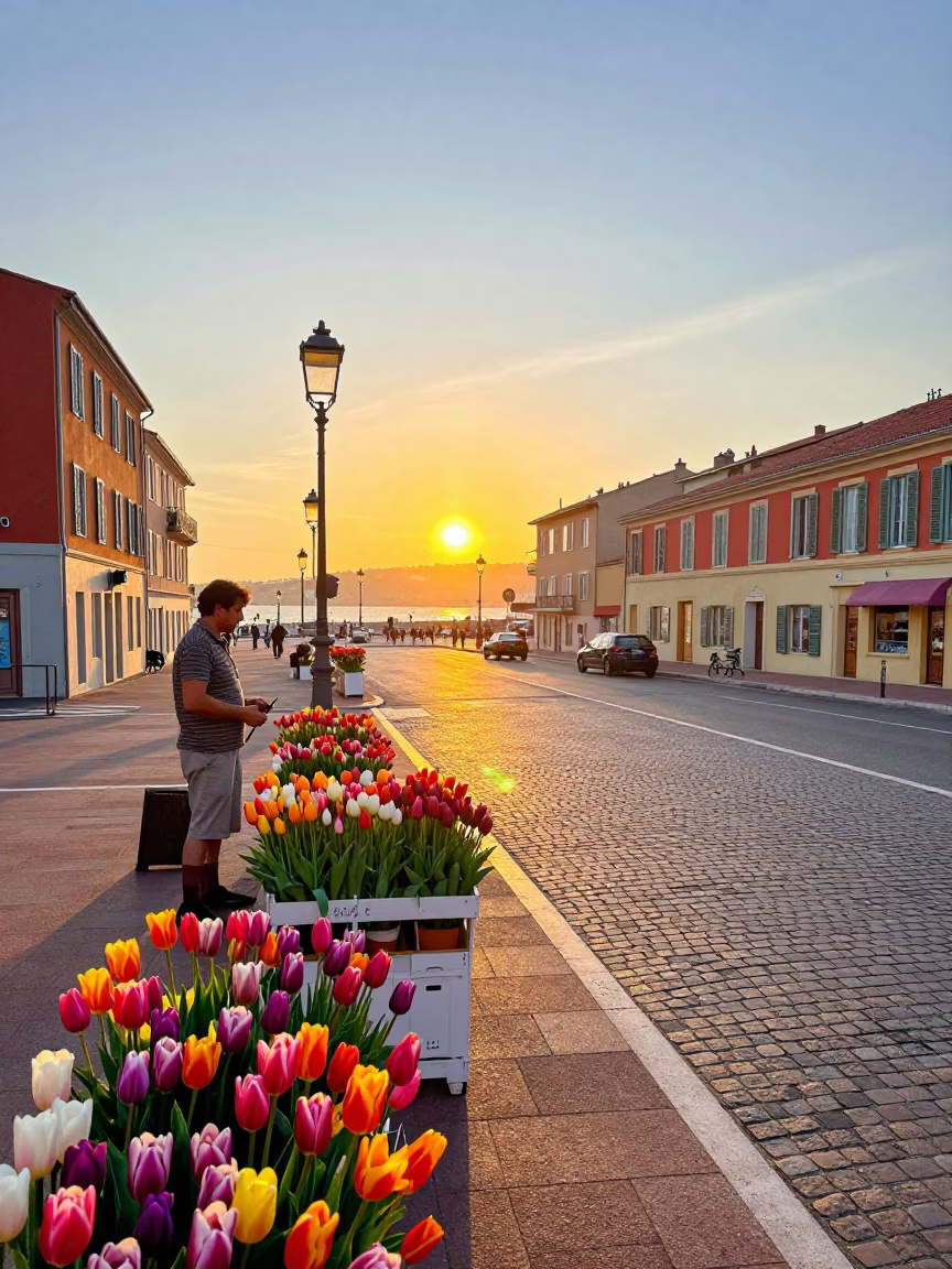 Colorful 1960s Street Scene in Nice France with Tulips and Vintage Details in in Nice, France