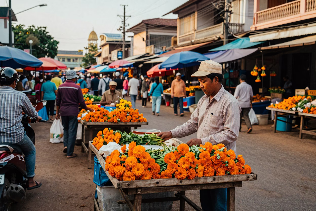 Colorful 1960s Street Scene in Phnom Penh Cambodia Late Afternoon Market in in Phnom Penh, Cambodia