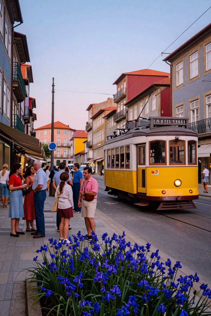 Colorful 1960s Street Scene in Porto Portugal with Tram and Bluebells in in Porto, Portugal