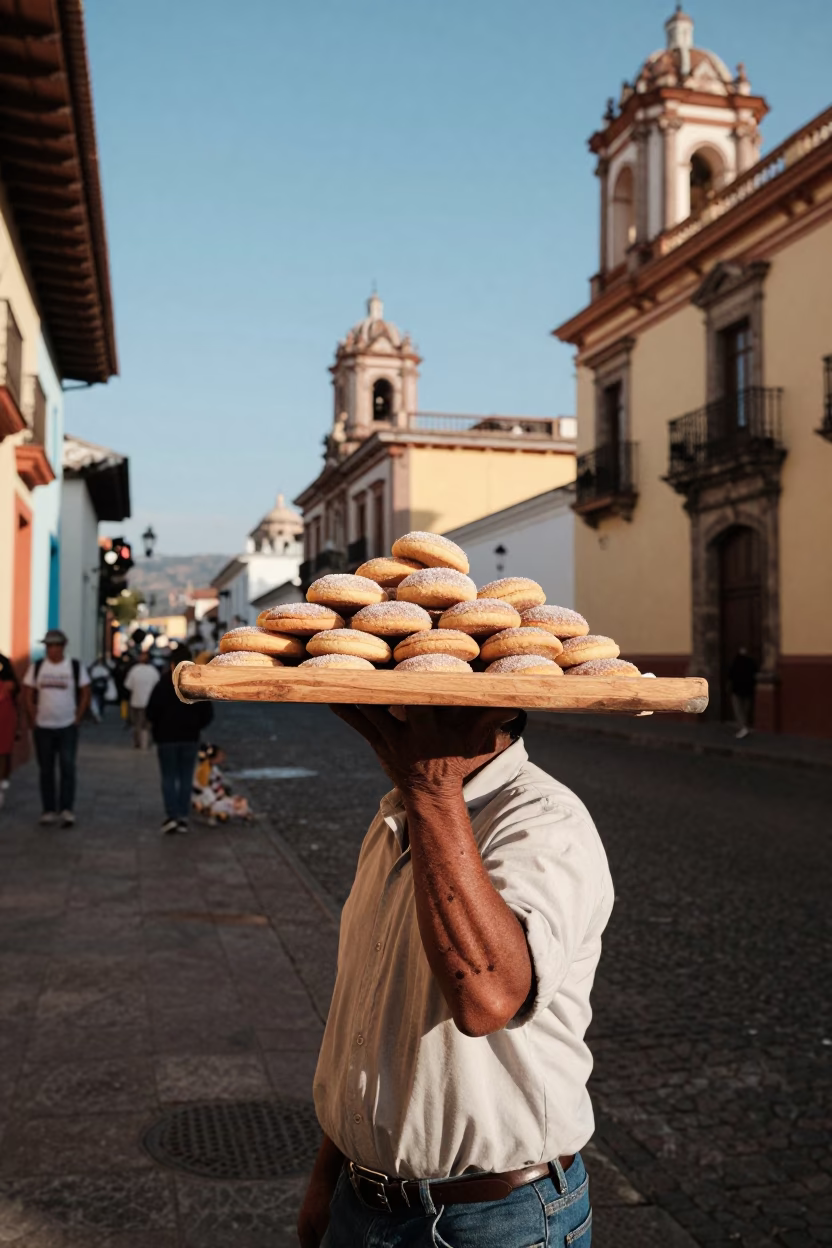 Colorful 1960s Street Scene in Quito Ecuador with Alfajores and Colonial Architecture in in Quito, Ecuador