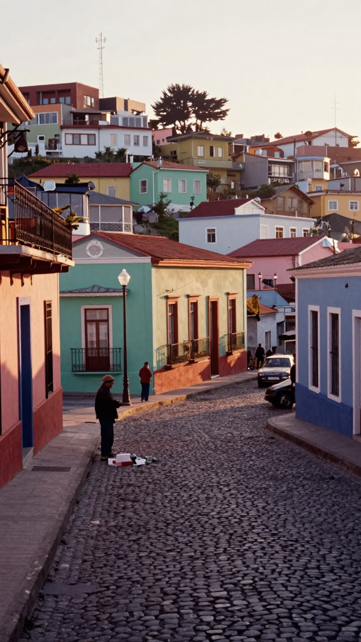Colorful 1960s Street Scene in Valparaiso Chile After Sunrise in in Valparaiso, Chile