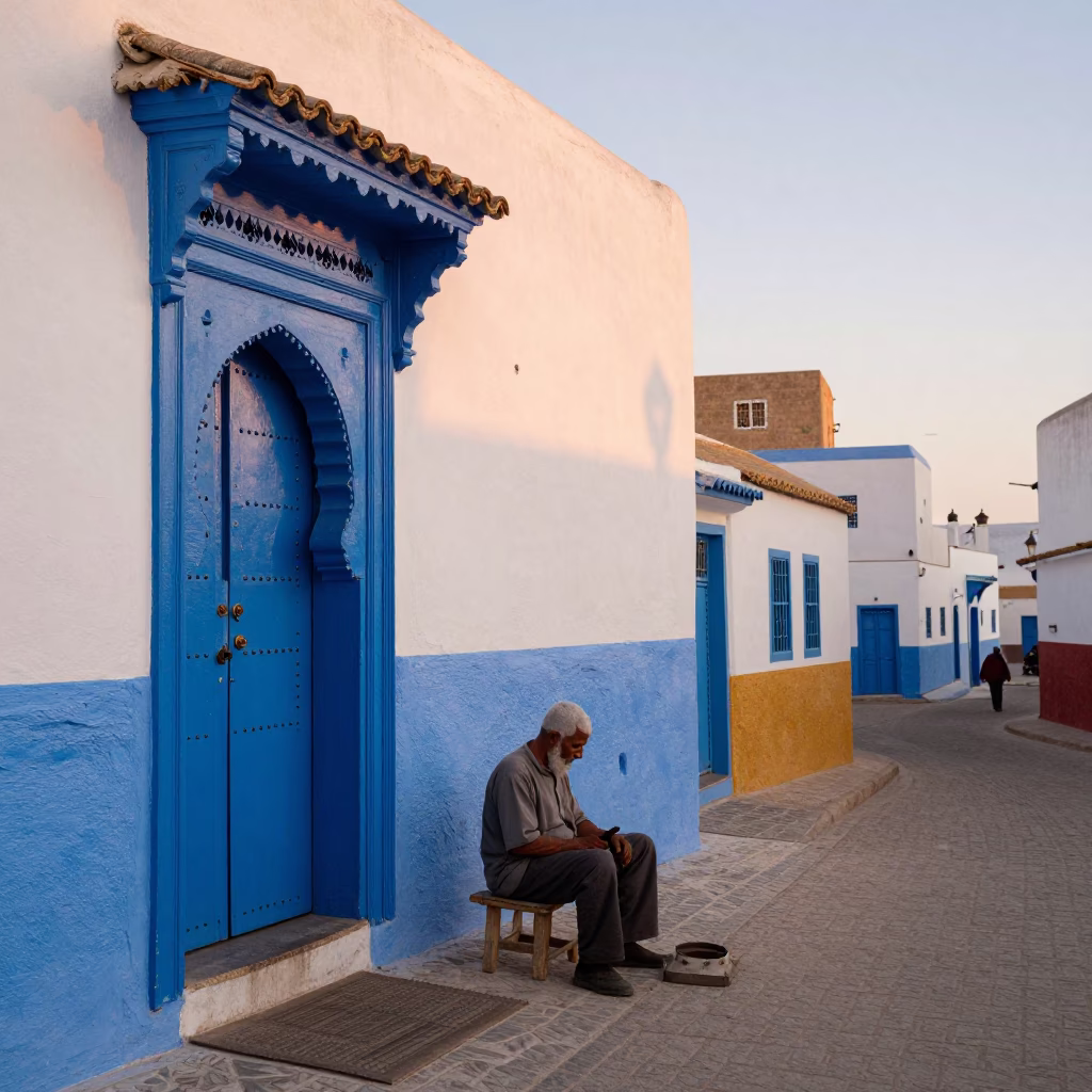 Colorful 1960s Style Dawn Street Scene in Essaouira Morocco with Local Crafts and Textiles in in Essaouira, Morocco
