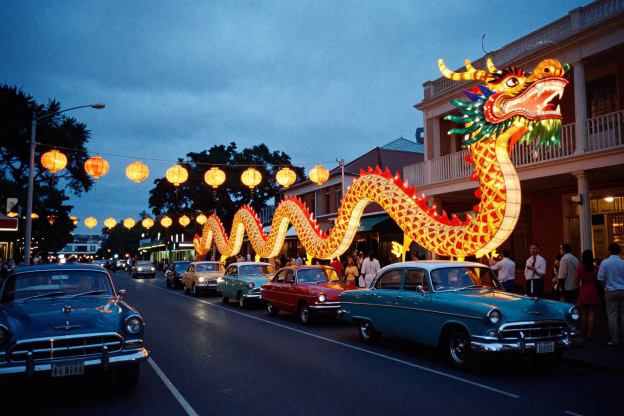Colorful 1960s Sydney Evening Street Scene with Dragon Lantern and Apples in in Sydney, New South Wales, Australia