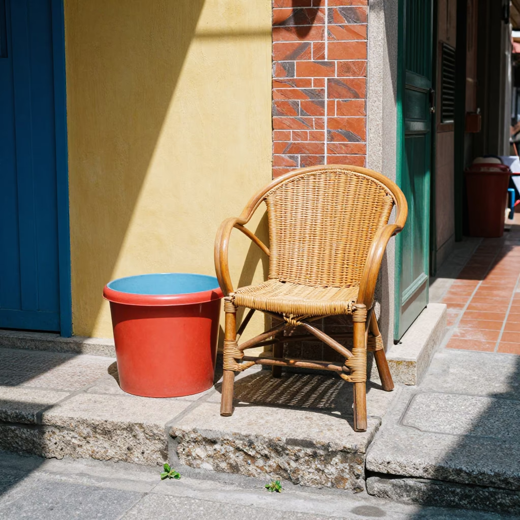 Colorful 1960s Tainan Street Scene with Wicker Chair and Plate in Bright Midmorning Light in in Tainan, Taiwan