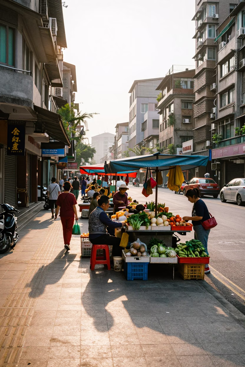 Colorful 1960s Taipei Street Scene with Sunlight and Local Commerce in in Taipei, Taiwan