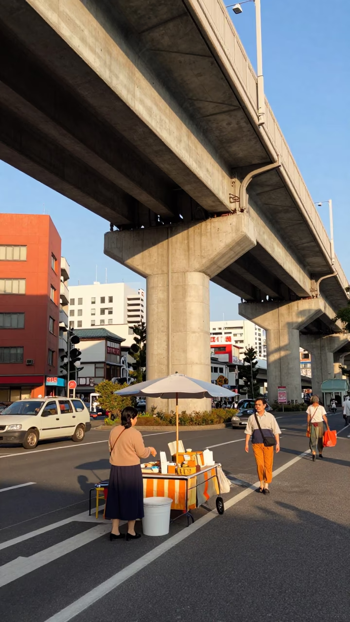 Colorful 1960s Tokyo Street Scene with Concrete Viaduct and Local Market Activity in in Tokyo, Japan