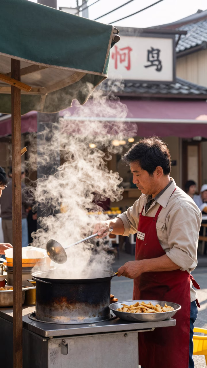 Colorful 1960s Tokyo Street Scene with Ladle and Steam Haze in Late Afternoon Light in in Tokyo, Japan