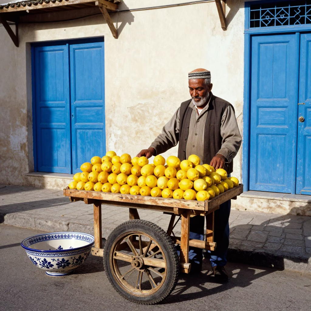 Colorful 1960s Tunis Street Scene with Vintage Ceramic Bowl and Local Market Activity in in Tunis, Tunisia