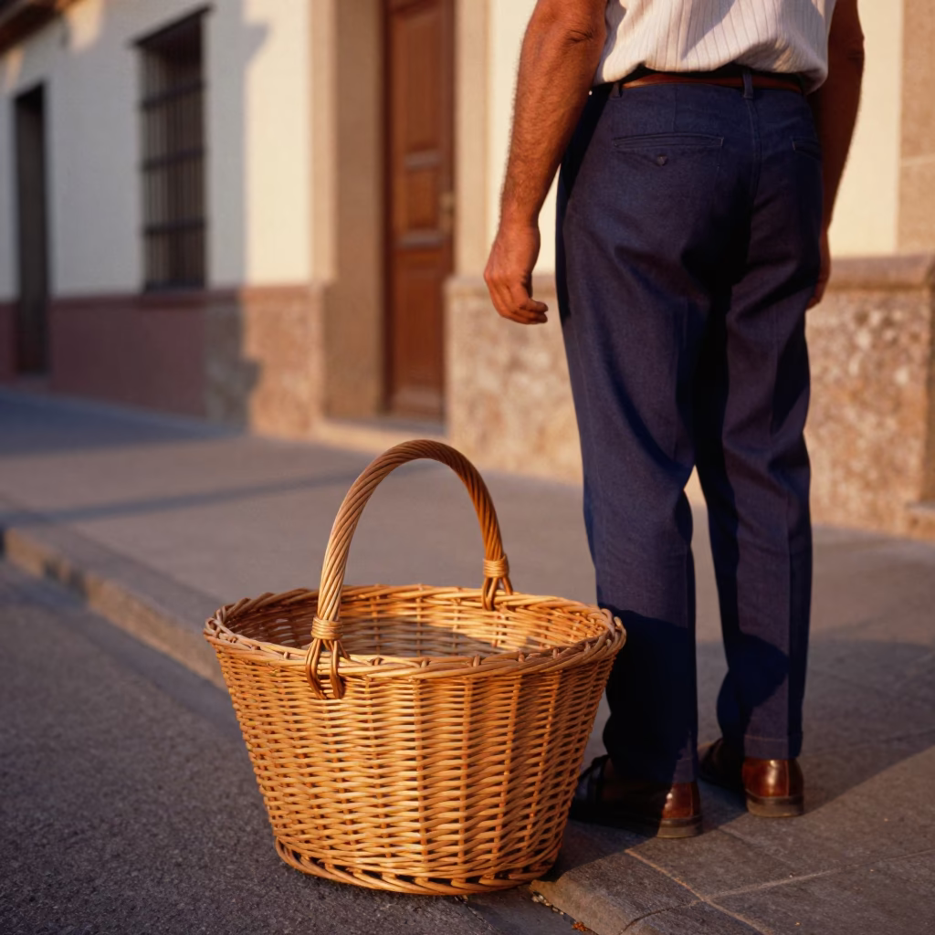 Colorful 1960s Valencia Spain street scene with wicker basket and honeyed evening light in in Valencia, Spain