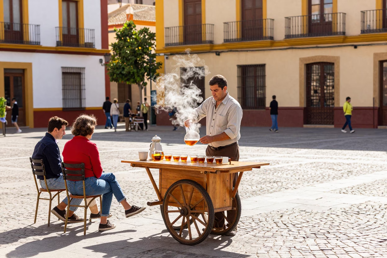 Colorful 1960s Valencia Street Scene with Tea Seller and Vintage Details in in Valencia, Spain