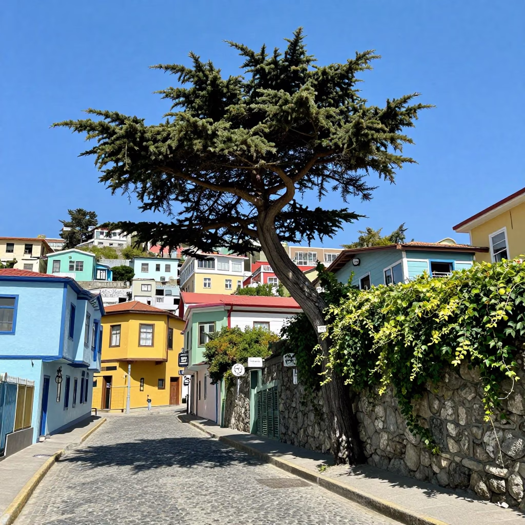 Colorful 1960s Valparaiso Street Scene with Cedar Tree and Stone Wall in in Valparaiso, Chile