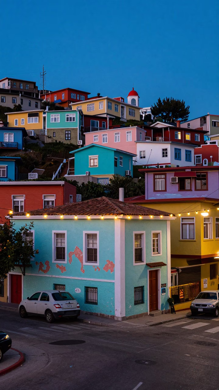 Colorful 1960s Valparaiso Street Scene with String Lights and Evening Blue Hour in in Valparaiso, Chile