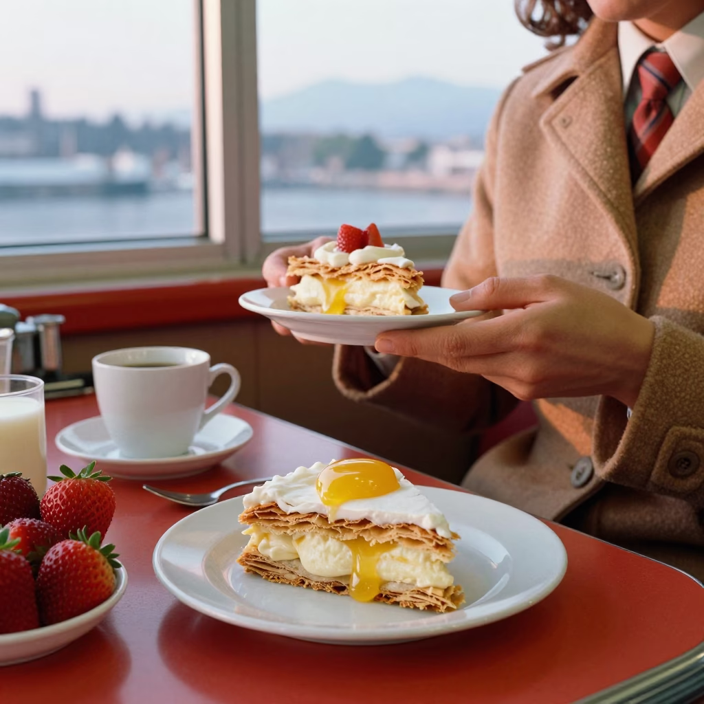 Colorful 1960s Vancouver Breakfast Scene with Strawberries and Mille-Feuille at Dawn in in Vancouver, British Columbia, Canada